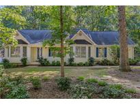 Charming single-story home with light-yellow siding, dark roof, blue shutters, and a beautifully landscaped front yard at 360 N Oakland Circle, Mcdonough, GA 30253