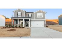 Charming two-story home with gray siding, black shutters, covered porch, and a spacious two-car garage at 4163 Viola Pl, Atlanta, GA 30349