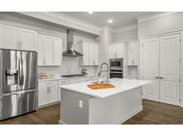 Modern kitchen featuring white cabinets, stainless steel appliances, and a large center island at 685 Stickley Oak Way, Woodstock, GA 30189
