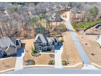 Stunning aerial view of a two-story home with a well-manicured lawn and tree-lined street at 4590 Gablestone Xing, Hoschton, GA 30548