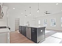 Bright kitchen with a large island, stainless steel appliances, and modern pendant lighting at 213 Admor Ln, Acworth, GA 30102