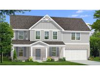 Charming two-story home featuring light gray brick, gray siding, shutters and a two car garage at 132 Felicity Pike, Locust Grove, GA 30248