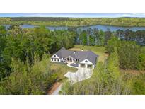 Stunning lake house with mature trees, a modern farmhouse style, and beautiful garage doors at 840 Old Driver Road, Whitesburg, GA 30185