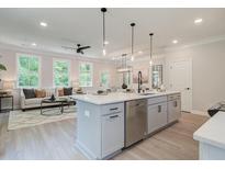 Open-concept kitchen with gray cabinets, stainless appliances, and an island overlooking the living area at 112 Winsome Way, Woodstock, GA 30188