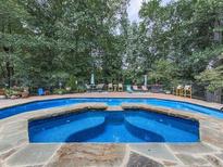 Inviting backyard pool and spa surrounded by mature trees and a privacy fence for relaxing outdoor enjoyment at 1012 Jubilee Way, Powder Springs, GA 30127