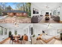This image shows the front exterior, living room, dining room, and bedroom of this cozy home at 2122 Kimberly Sw Rd, Atlanta, GA 30331