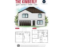 Two-story 'The Kimberly' home with white siding, a dark garage door, and architectural plans for first and second floors at 75 Emerald Ln, Covington, GA 30014