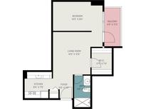 Detailed floor plan showcasing layout including bedroom, living room, balcony, kitchen, bath, foyer and walk in closet at 375 Ralph Mcgill Ne Blvd # 804, Atlanta, GA 30312