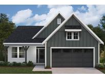 Charming new home features a two-car garage, gray vertical siding, white trim and a covered porch with wooden supports at 138 Laurel Farms Ln, Dallas, GA 30157