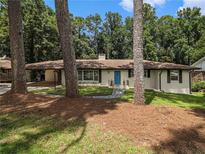 Charming single-story home with a well-maintained lawn, stone walkway, and a bright blue front door at 546 Milligan Dr, Stone Mountain, GA 30083