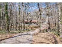 View of the home and detached garage down a long driveway lined with trees in a wooded lot at 30 Apache Ct, Locust Grove, GA 30248