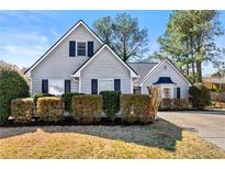 Charming home with light gray siding, dark shutters, well-maintained landscaping and driveway at 1325 Richland Creek Ct, Buford, GA 30518