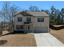 Charming two-story brick home features a two-car garage and well-manicured front yard at 738 Basswood Ave, Mcdonough, GA 30252