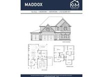 An architectural drawing featuring the Maddox home design, a two-story home with four bedrooms and three bathrooms at 174 Pinewood Dr, Covington, GA 30014