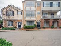 Street view of well-maintained townhomes showcasing varied architectural styles and manicured landscaping at 111 Riverstone Commons Cir, Canton, GA 30114