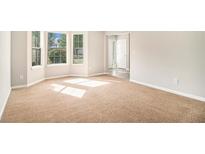 Bright, carpeted living room featuring a bay window letting in ample natural light at 498 Pecan Wood Cir, Fairburn, GA 30213