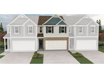 New townhome featuring neutral siding, blue accents, and a spacious two-car garage at 6371 Towhee Way, Morrow, GA 30260