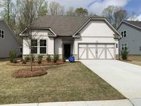 Charming single-story home featuring a two-car garage, manicured lawn, and inviting front entrance at 76 Mayhaw Pt, Sharpsburg, GA 30277