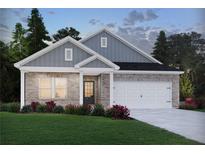 Charming single-story home featuring a brick facade, gray siding, well-manicured lawn, and a two-car garage at 3953 Brushy St, Powder Springs, GA 30127
