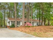 Ranch-style home with white siding, black shutters, and mature trees on a landscaped lot at 2694 Hickory Valley Dr, Snellville, GA 30078