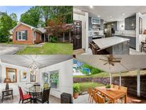Real estate collage showing the kitchen, front of house and covered back porch at 1899 Cooper Landing Se Dr, Smyrna, GA 30080