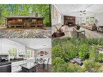 A collage featuring the cabin exterior, living room, kitchen, and an aerial view at 4288 Post Rd, Winston, GA 30187