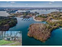 Stunning aerial view of lakefront property with dock and surrounding wooded areas at 6337 Ansel Ct, Buford, GA 30518
