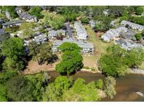 Beautiful aerial view of the townhome community with lush greenery and lake frontage at 1009 Riverbend Club Se Dr, Atlanta, GA 30339