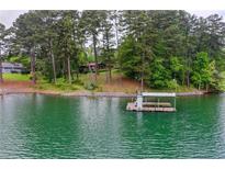 Beautiful lakefront view with a covered dock and lush trees surrounding the property on a sunny day at 3865 Adams Rd, Cumming, GA 30041