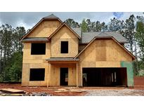 Exterior view of new construction home with wood sheathing and open garage at 484 Charleston Pl, Villa Rica, GA 30180