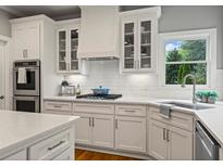 Bright kitchen features white cabinets, stainless steel appliances, and a window overlooking the backyard at 1315 Woodland Trce, Cumming, GA 30041
