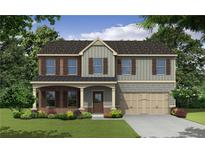 Charming two-story home with a mix of brick, gray siding, and a welcoming covered porch at 496 Charleston Pl, Villa Rica, GA 30180