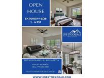 Real estate marketing ad for an open house on June 28th showcasing a living room, bedroom and dining room at 3107 Woodland Ln, Alpharetta, GA 30009