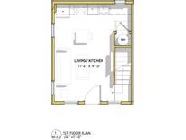 Layout of the first floor combining living and kitchen space, detailed with dimensions and appliance locations at 973 Peeples Sw St, Atlanta, GA 30310