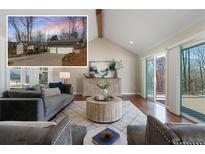 Inviting living room with vaulted ceilings and sliding doors to deck. Exterior view inset included at 6265 Reives Rd, Cumming, GA 30041