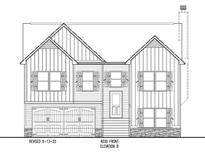 New construction rendering showing the facade with board and batten, shuttered windows, and garage at 500 Charleston Pl, Villa Rica, GA 30180