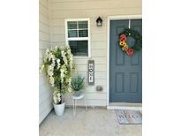 Charming home entrance with a decorative wreath, plants, and a 