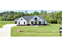 Beautiful white farmhouse-style home with a dark roof, covered front porch, and black window frames at 300 Eminence Peak, Rydal, GA 30171