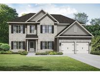 Two-story home with a stone facade, dark shutters, and a two-car garage, surrounded by a green lawn and landscaping at 3264 Lions Ruby Ln, Atlanta, GA 30349