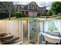 Split image: Spa-like bathroom with a soaking tub and updated shower & exterior of home at 4271 Haywater Cv, Buford, GA 30519