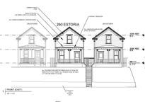 Architectural drawing showing the front of three similar two-story homes with covered porches and classic detailing at 260 Estoria St, Atlanta, GA 30316