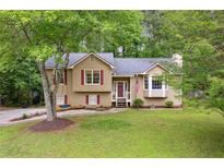 Charming two-story home with a well-maintained lawn, a tree swing, and red window shutters at 685 Maplelake Dr, Acworth, GA 30101