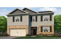 Two-story home features stone accents, gray siding, dark shutters, and an attached garage at 2701 Montie Ct, Lithia Springs, GA 30122