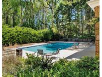 Backyard swimming pool with chairs in a lush green setting with mature trees and greenery at 3456 Paces Nw Pl, Atlanta, GA 30327