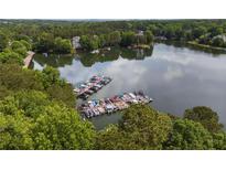 Scenic aerial view of a lake community with private boat docks and lake access at 5065 Harbour Ridge Dr, Alpharetta, GA 30005
