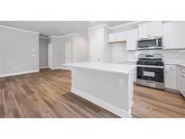 Modern kitchen with a central island, stainless steel appliances, and hardwood floors at 470 Village Ln, Fairburn, GA 30213