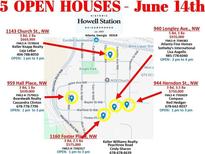 Real estate listing for open houses on June 14th in the Howell Station neighborhood of Atlanta, Georgia at 1143 Church Nw St, Atlanta, GA 30318