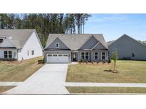 Charming single-story home with a gray exterior, well-manicured lawn, and a spacious two-car garage at 22 Foothills Trl, Sharpsburg, GA 30277