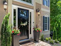 Charming home entryway featuring a black front door, stone walkway, and decorative planters at 235 Foxley Way, Roswell, GA 30075