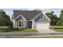 Charming single-Gathering home with gray siding, stone accents, a well-manicured lawn, and an attached two-car garage at 84 Mayhaw Pt, Sharpsburg, GA 30277